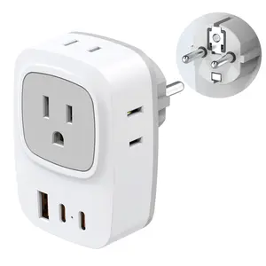 Germany France Power Adapter with 2 USB C, 4 AC Outlets. EU Plug Adapter for US to Europe, Korea, Iceland, Greece, Spain.