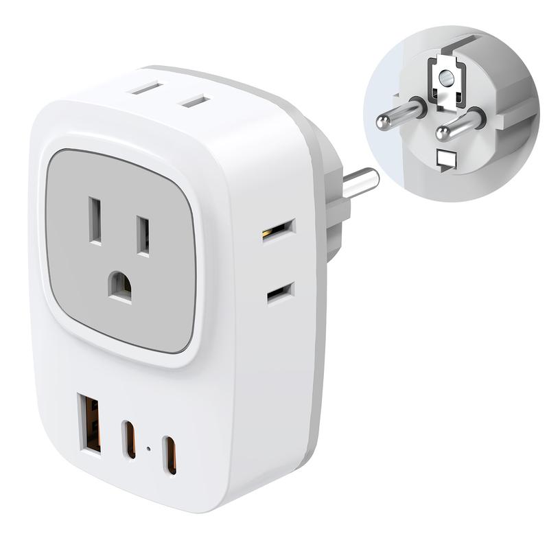 Germany France Power Adapter with 2 USB C, 4 AC Outlets. EU Plug Adapter for US to Europe, Korea, Iceland, Greece, Spain.