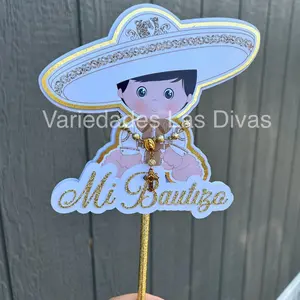 Variedades Las Divas Mi Bautizo Charrito Cake Topper with Rosary Gold Color 3D Effect for First Birthday Christening