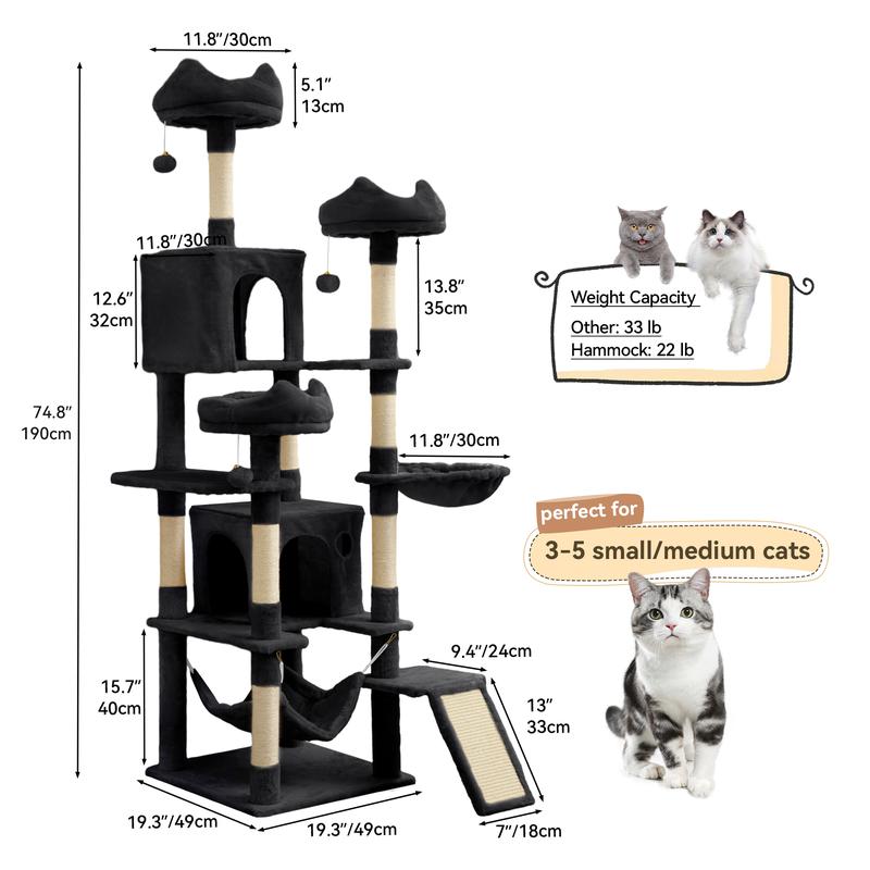 DWVO Tall Cat Tree Tower for Indoor Cats, 75in Multi-Level Cat Climbing Tower with Cat Condos, Top Perches, Hammock, Sisal Scratching Posts and Board, Kittens Play Activity Center