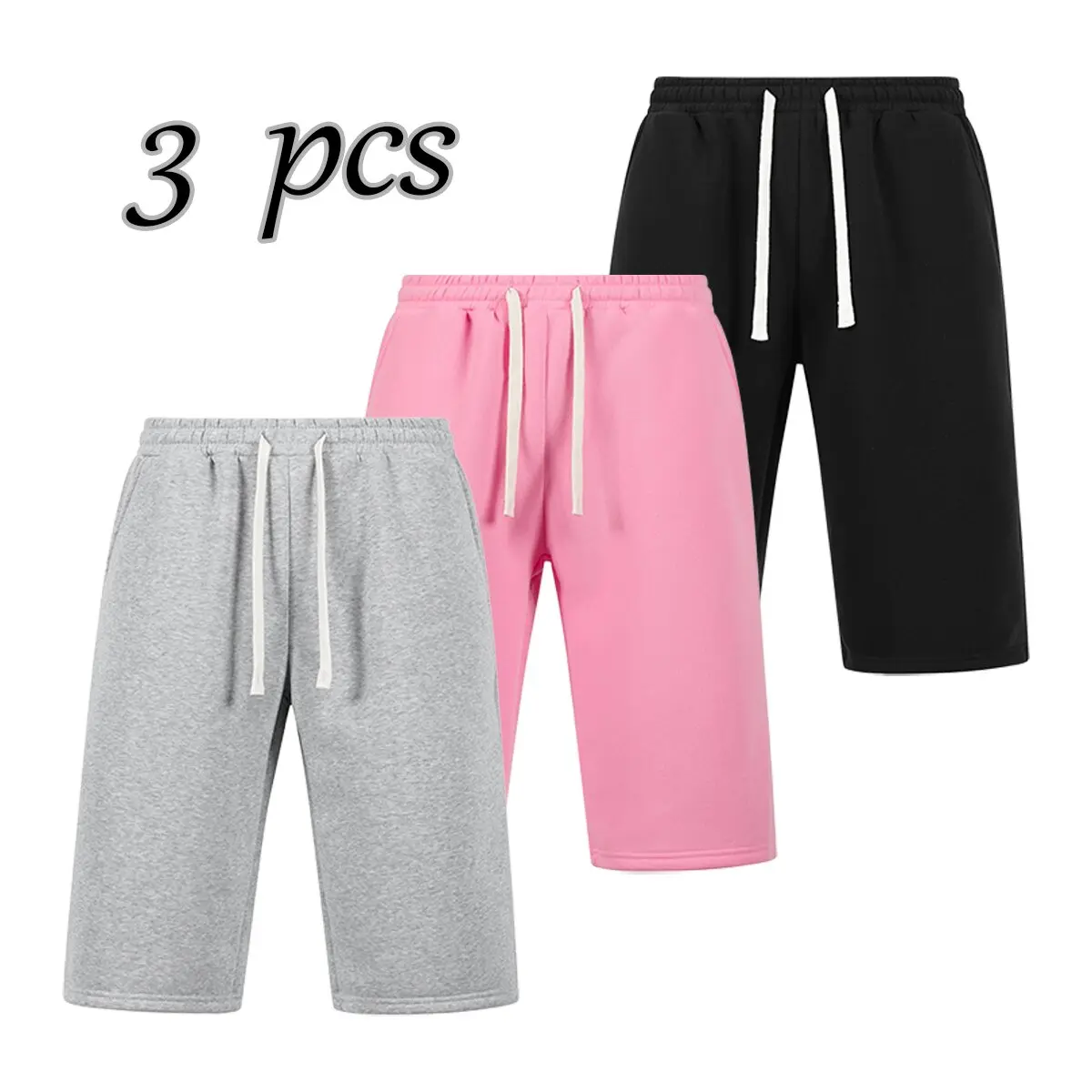 Men’s Basic Polyester Clothing Plain Casual Athletic Bottoms - 3/4 Sweatpants (2-Pack, 3-Pack Options), Shorts, Black + Gray + Pink, Machine Wash, All Seasons, Sporty Chic