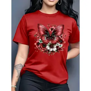 Butterfly and Flower Pattern Printed T-shirt, Short Sleeve Round Neck Casual Top Summer Spring, Women's Birthday Gift Holiday Gift
