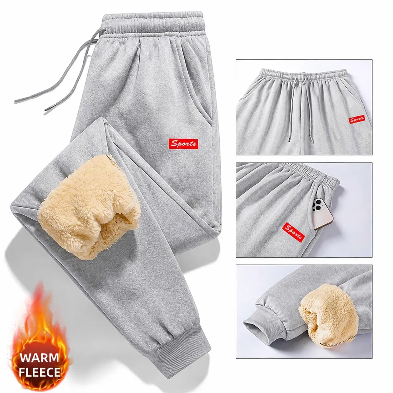Men’s fleece jogger sweatpants with thick lining, men’s outdoor pants with warm fleece lining – windproof and wear-resistant, suitable for skiing and hiking, with pockets, winter casual wear