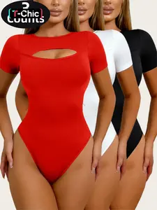 1/2/3 Counts Women's Solid Color Open Bust Design Bodysuit, Minimalist, High Stretch Shapewear, Short Sleeve Loungewear Jumpsuit, Women's Basic Tops, Casual Comfort Womenwear, Y2K, Suitable for Daily and Outing