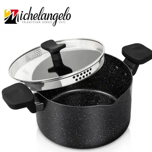 MICHELANGELO Pasta Pot with Strainer Lid, 6 Quart Cooking Pot with Twist and Lock Handles, Soup Pot with Nonstick Granite Coating, Spaghetti Pot