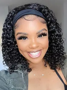 Headband Wig Deep Wave 10 Inch, Curly Hair Glueless Wigs, Machine Made No Lace, Short Wigs for Women, All Seasons Ponytail Extension