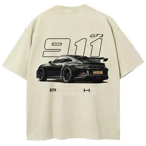 Racing Tshirt Unisex Fit Washed Cotton Oversized Menswear Tops Streetwear Round Neck Tshirt Casual Crewneck Tropical