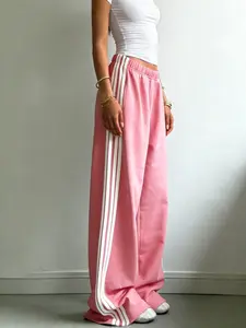 Women's High-Waisted Striped Wide-Leg Pants, Loose Fit Elastic Waist Casual Long Straight Trousers, All-Season Streetwear, Womenswear