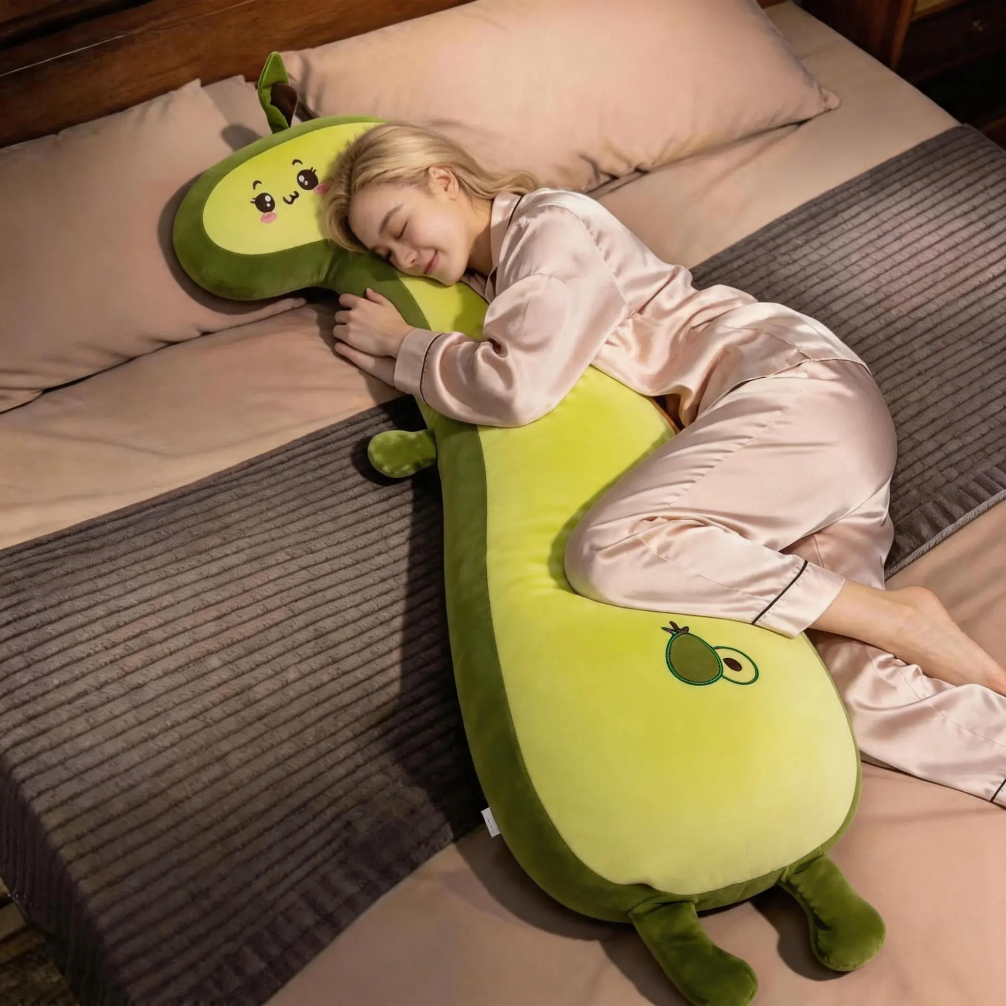 Trending J-type leg-holding hugging pillow — cartoon little yellow duck and avocado fruit hugging pillow; ultra-soft side sleeping companion pillow for bed; leg-holding hugging pillow; soothing birthday gift for girls