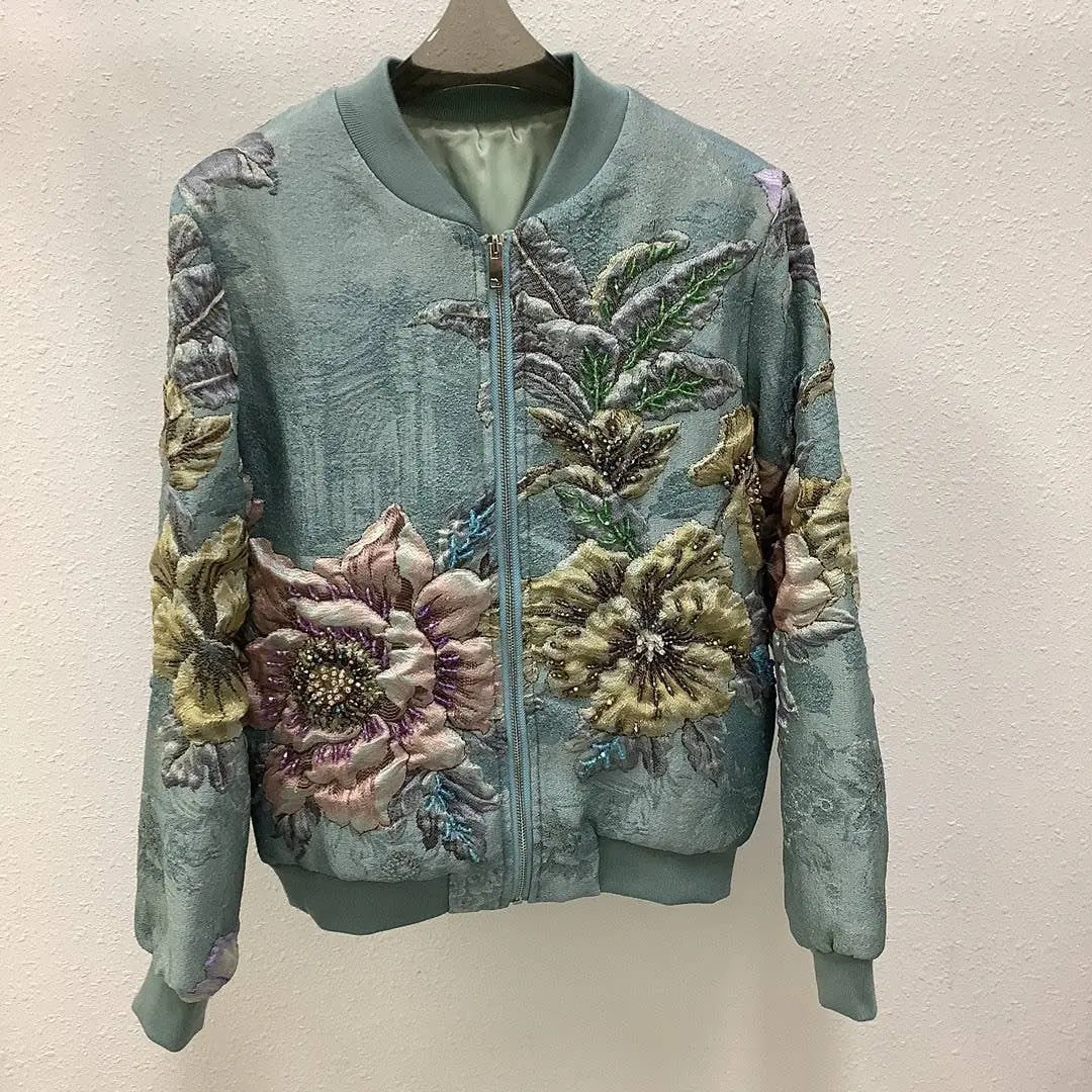 Floral Embroidered Zip Front Bomber Jacket