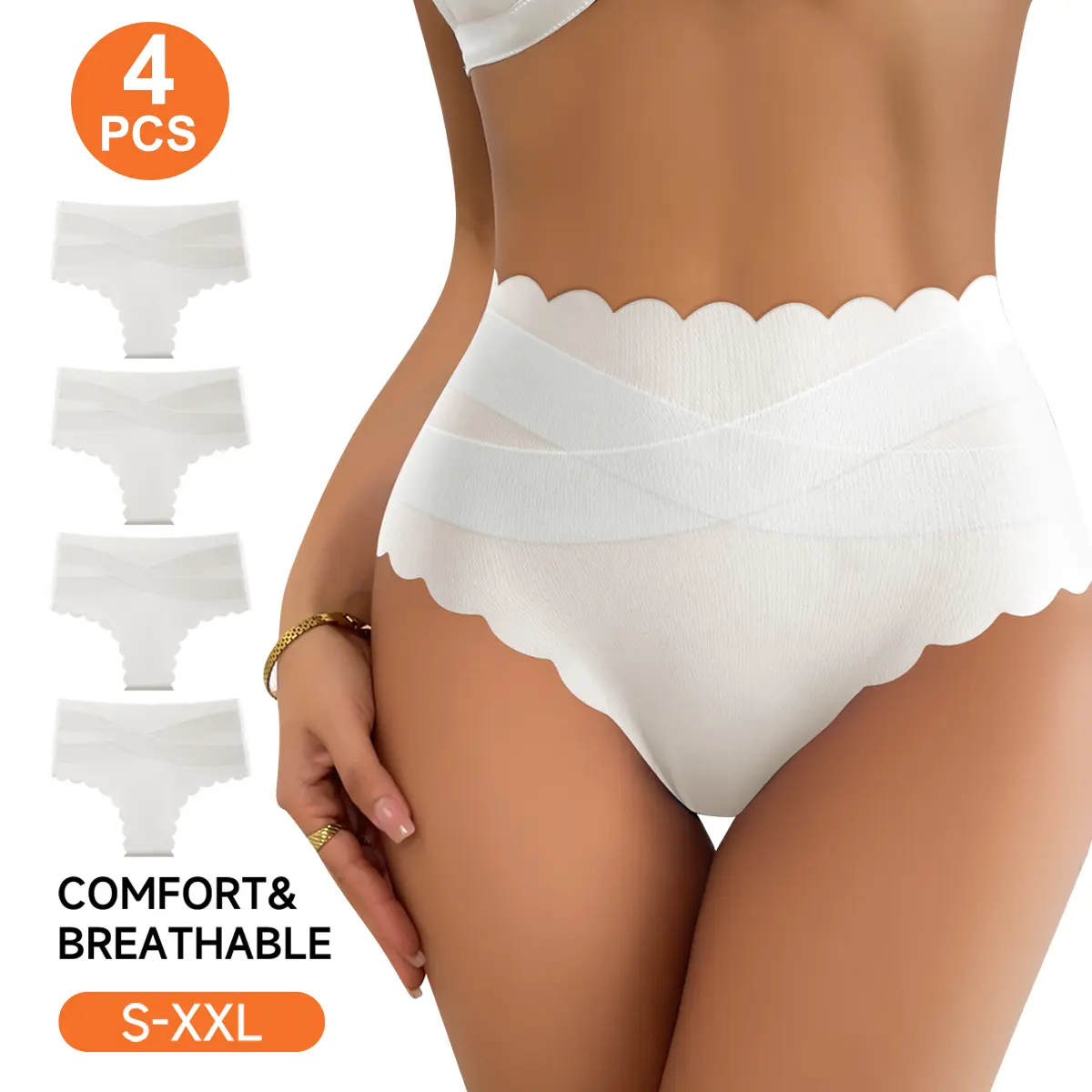 QUASTI 4-Piece White High-Waisted Tummy Control Crossover Women's Panties with Petal-Edge Design, Soft and Silky Smooth, Highly Elastic and Breathable, Shaping, Comfortable and Skin-Friendly, Elegant and Versatile, Super Comfortable Underwear, Seamles