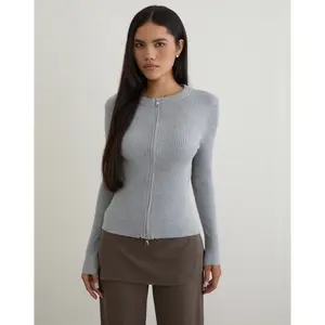 Liano Zip Cardigan in Rib Knit Grey