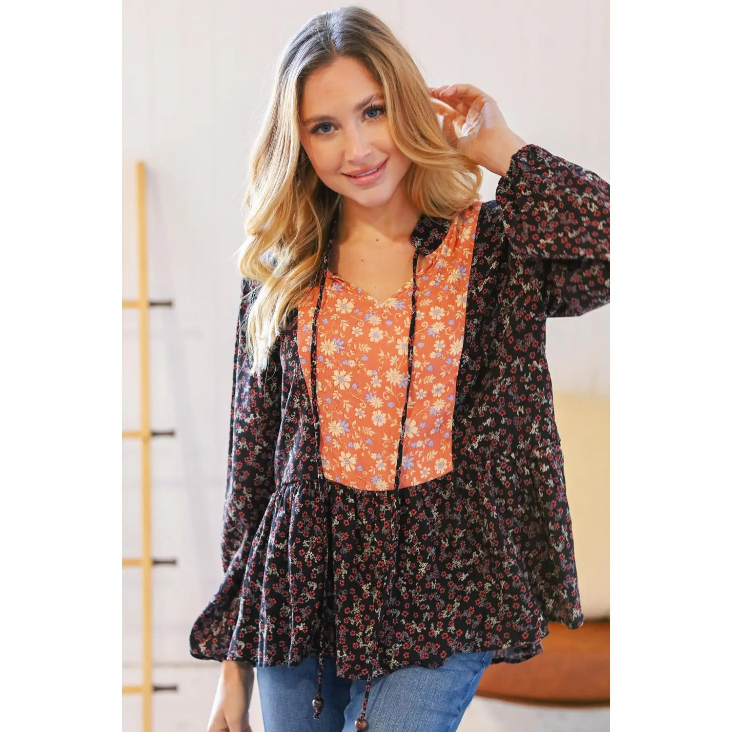 Black Floral Beaded Tie Peasant Woven Blouse