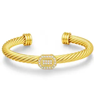 Mytys Two-tone Luxury Elegant Square Zircon Adjustable Bracelet Jewelry Gift Stainless Steel Wrist for Women Bangle