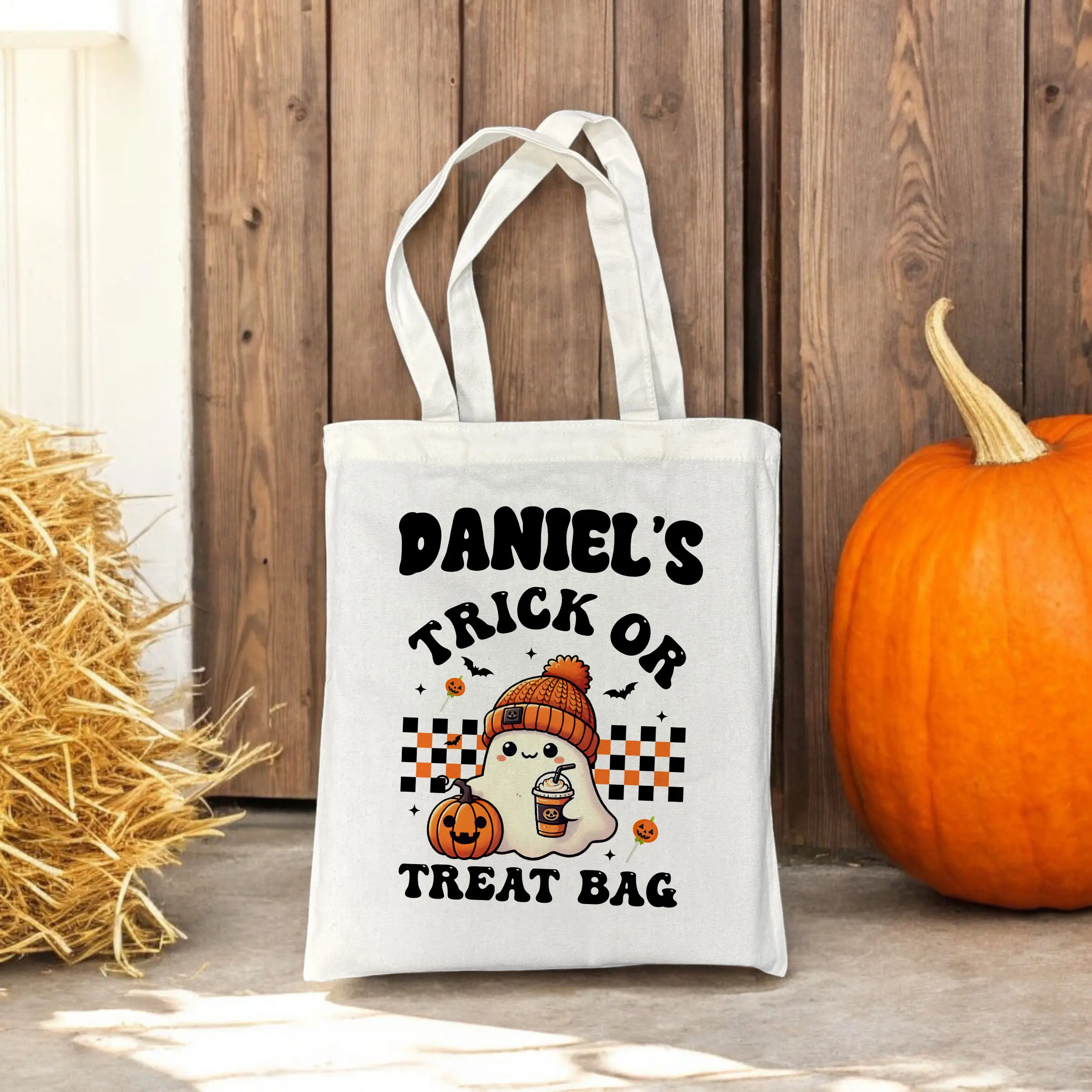 Customizable Trick or Treat Tote Bag | Cute Ghost with Beanie and Pumpkin Design with Personalized Name
