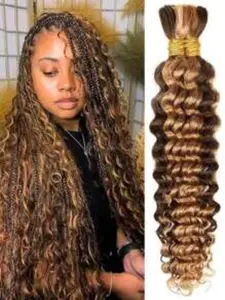 Braiding Hair 2 Bundles/Pack 100g Highlight 4/27 Curly Deep Wave Human Bulk Hair For Braiding No Weft 10A Brazilian Virgin Human Braiding Hair For Boho Braids