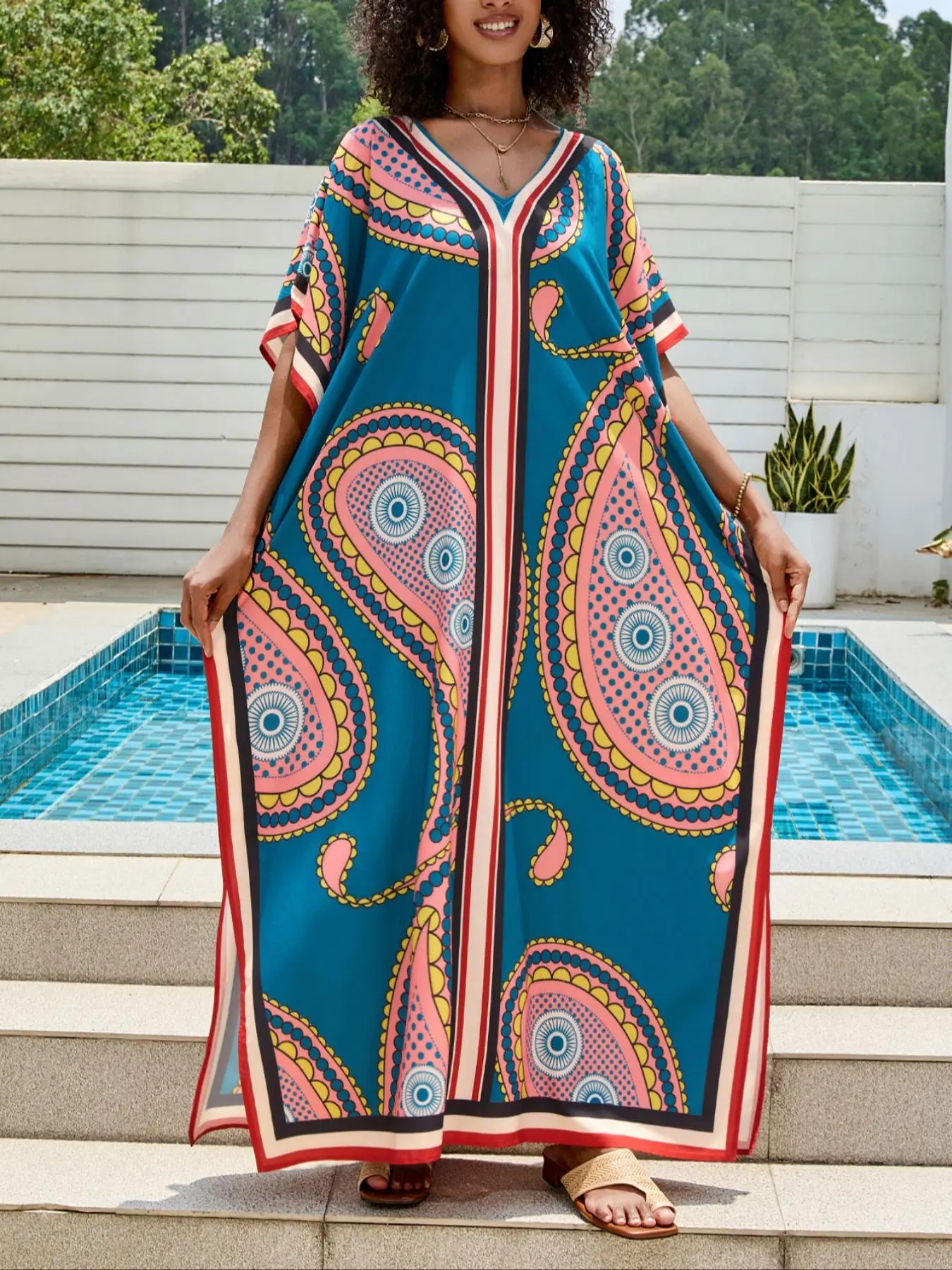 Women's All Over Print V Neck Cover Up Dress, Casual Short Sleeve Long Cover Up Dress for Summer, Ladies Swimwear for Beach Holiday Vacation, Swimsuit Cover Ups, Beachwear Cover Up, Summer Coverup
