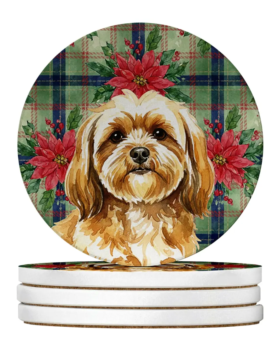 Carolines Treasures WDK8703RCS4 4 x 4 in. Gold Lhasa Apso Christmas Poinsettias Large Sandstone Coasters, Pack of 4