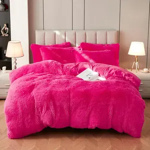 Faux Fur Velvet Bedding Duvet Cover Set Down Comforter Cover with Pillow Shams, Soft Warm (King, Hot Pink)