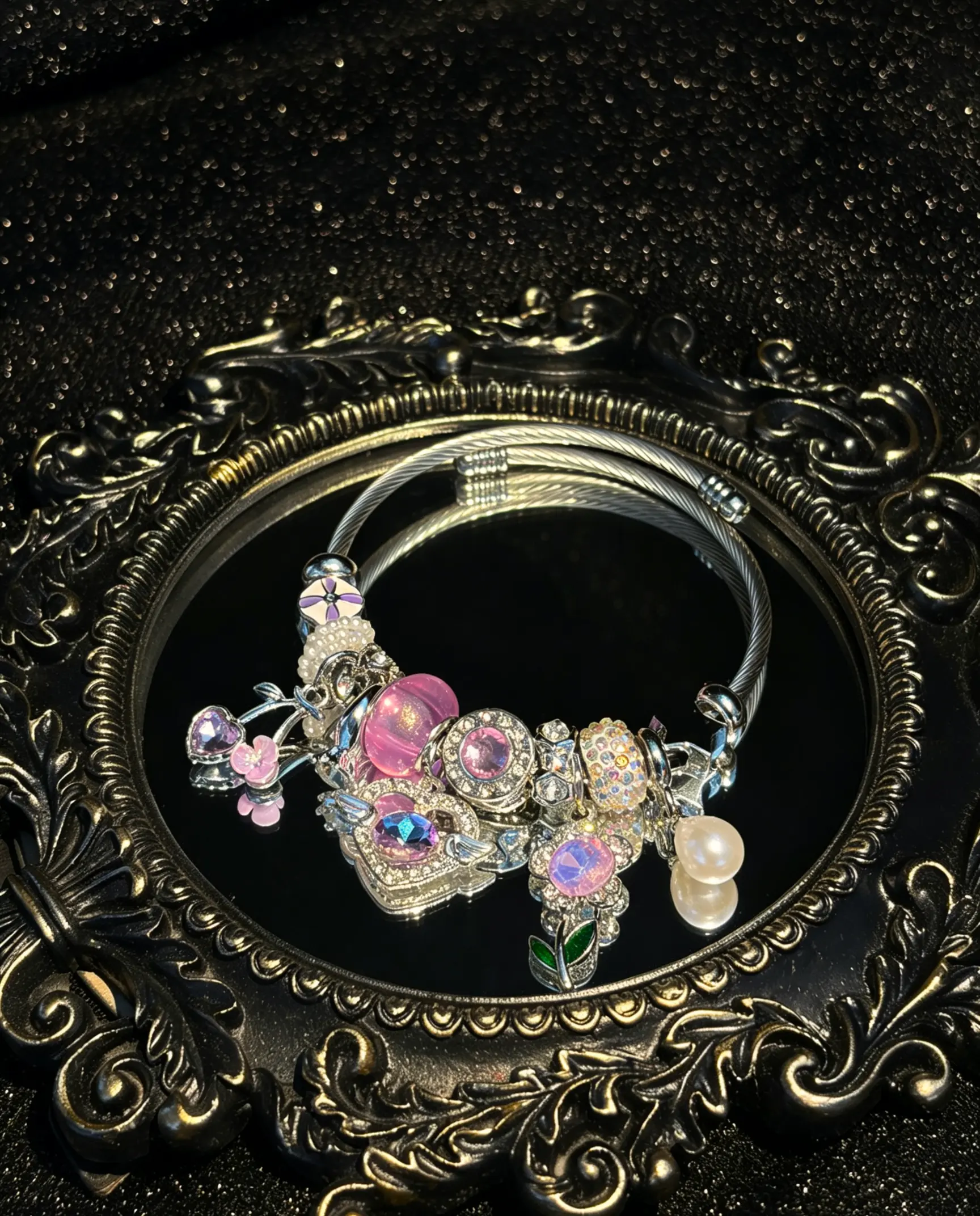 Women's Silver-Tone Open Cuff Bangle Bracelet - Dreamy Pink-Purple Crystal, Flower, Heart, Pearl Charms - Stackable Costume Jewelry Gift