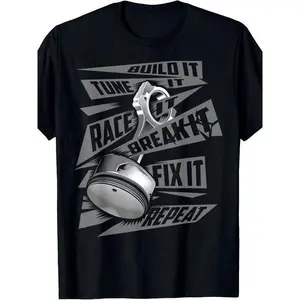Racing T-Shirt Black Build Tune Race Break Fix Repeat Graphic Tee for Car Enthusiasts Casual Cotton