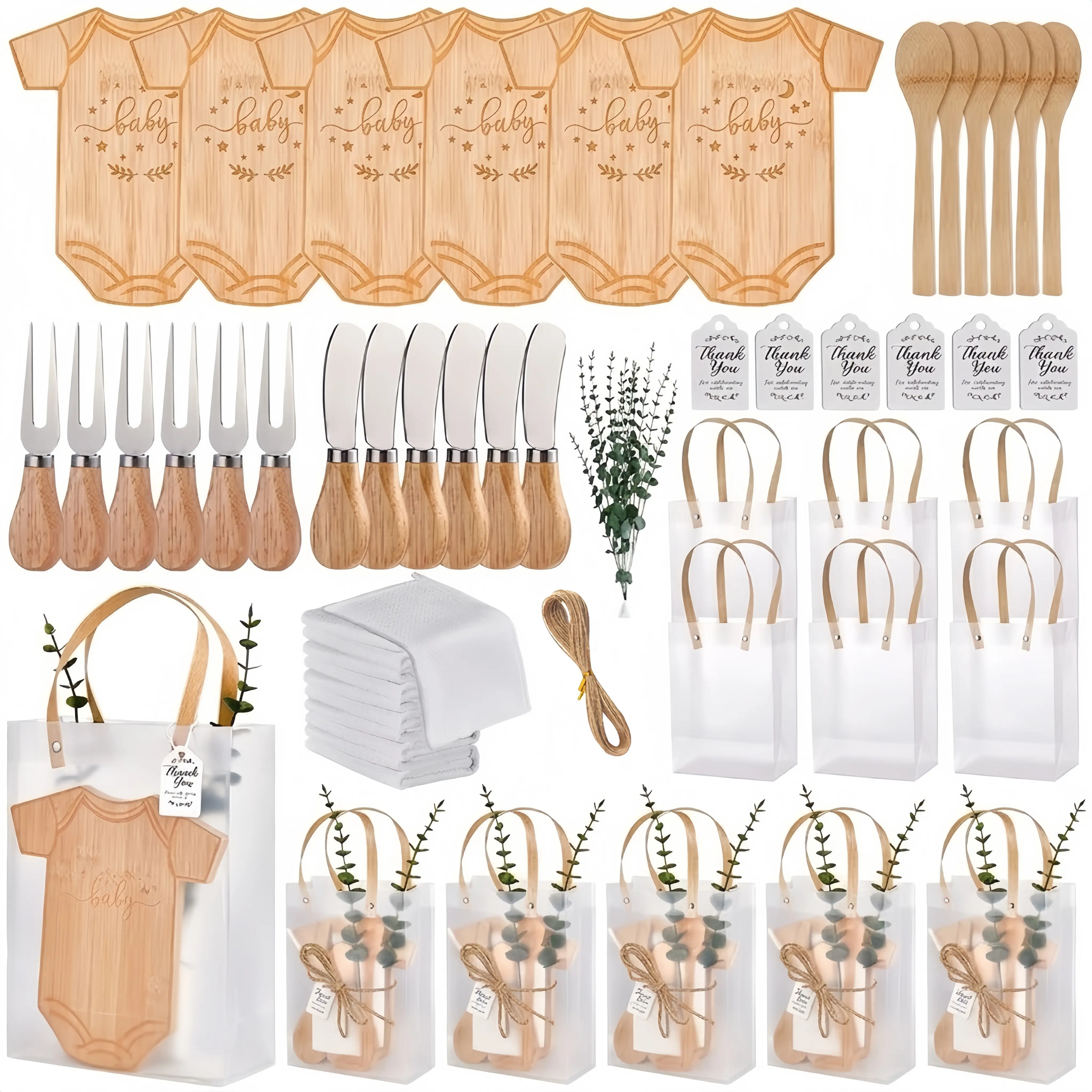 55 Pcs Baby Shower Party Game Prizes, 6 Sets Onesie-Shaped Serving Boards with Forks Knives Spoons Towels Gift Tags and Decorative Stems in Transparent Handle Bags, Return Gifts for Guests, Party Favors, Coed Baby Shower Treats