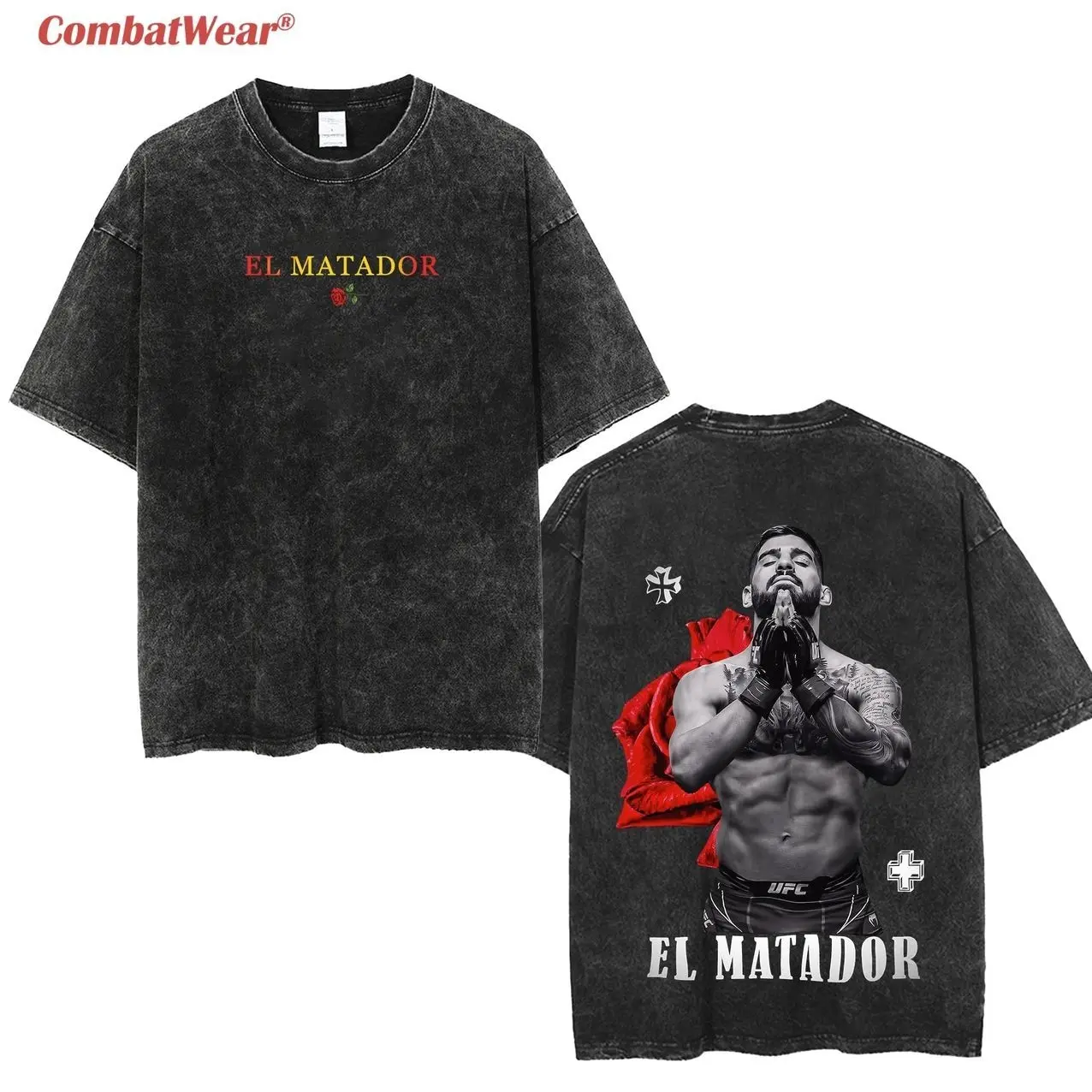 Men's Oversized Classic Loose-Fitting 100% Cotton Seamless Round Neck Short-Sleeve Washed T-Shirt with Shoulder Tape, Rib - Ilia Topuria El Matador Vintage UFC MMA Menswear, Gift for UFC Fans, Casual, Cold Wash, S-3XL, All Seasons