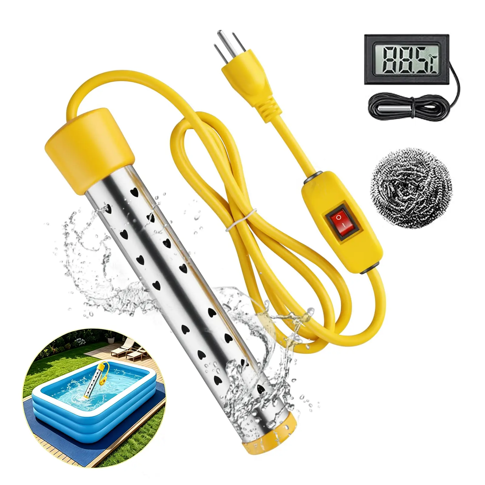 1500W portable immersion electric water heater with switch and LCD thermometer, suitable for bathtubs, outdoor swimming pools, camping