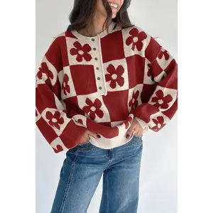 Red Dahlia Flower Colorblock Checkered Henley Sweater