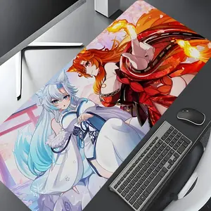 Fox anime girl design Pattern Extra Large Gaming Mouse Pad,Aesthetic Desktop Drotection Pad,Washable Rubber Pad Non-Slip Lock Edge Multi-Size Mouse Pad Suitable For Home Office,Good Gift for Family and friends, Desk Mat