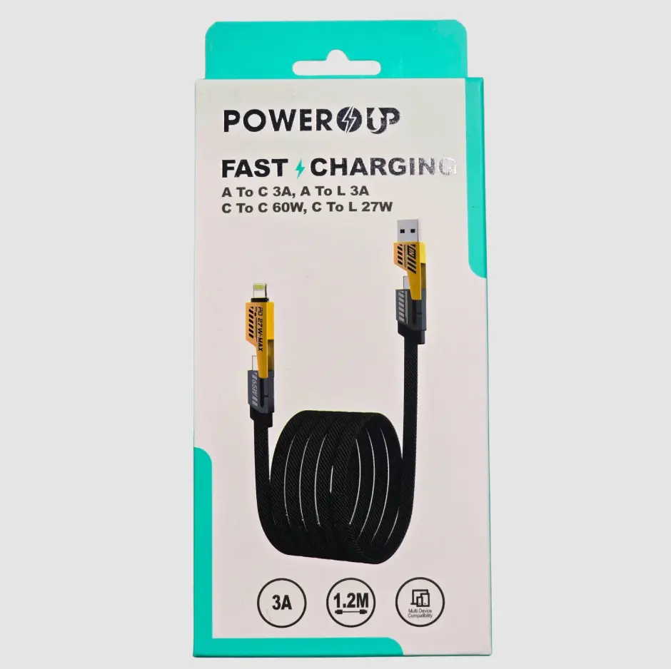 PowerUp Fast Charging Cable Set | A to C 3A + A to Lightning 3A + C to C 60W + C to Lightning 27W | Universal Multi Device Fast Charge Cable Bundle Smartphone Cellphone