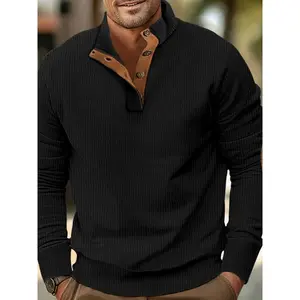 Men's Casual Vertical Striped Jacquard Polo Collar Sweatshirt, New Velvet Fabric, Spring Summer Fashion, Comfortable Fit
