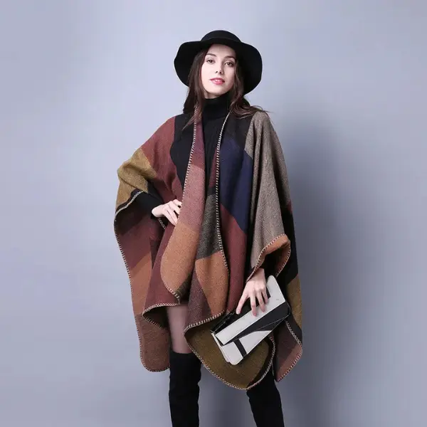 Ivoris Women's Plaid Sweater Poncho Cape Coat Open Front Blanket Shawls and Wraps All Seasons Imitation Cashmere Keep Warm 130x150CM