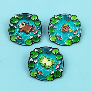 Lotus leaf pond-shaped brooch, cute frog, capybara, leisurely cartoon badge, clothing accessory