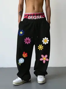 Unisex Trendy Embroidered Flower Sweatpants, Base with Vibrant Floral Design, Relaxed Fit for Campus and Weekend Outings