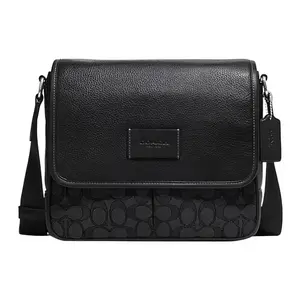 COACH Magnetic Closure Crossbody Messenger Bag for Men – Leather and Fabric, Medium Size, Black