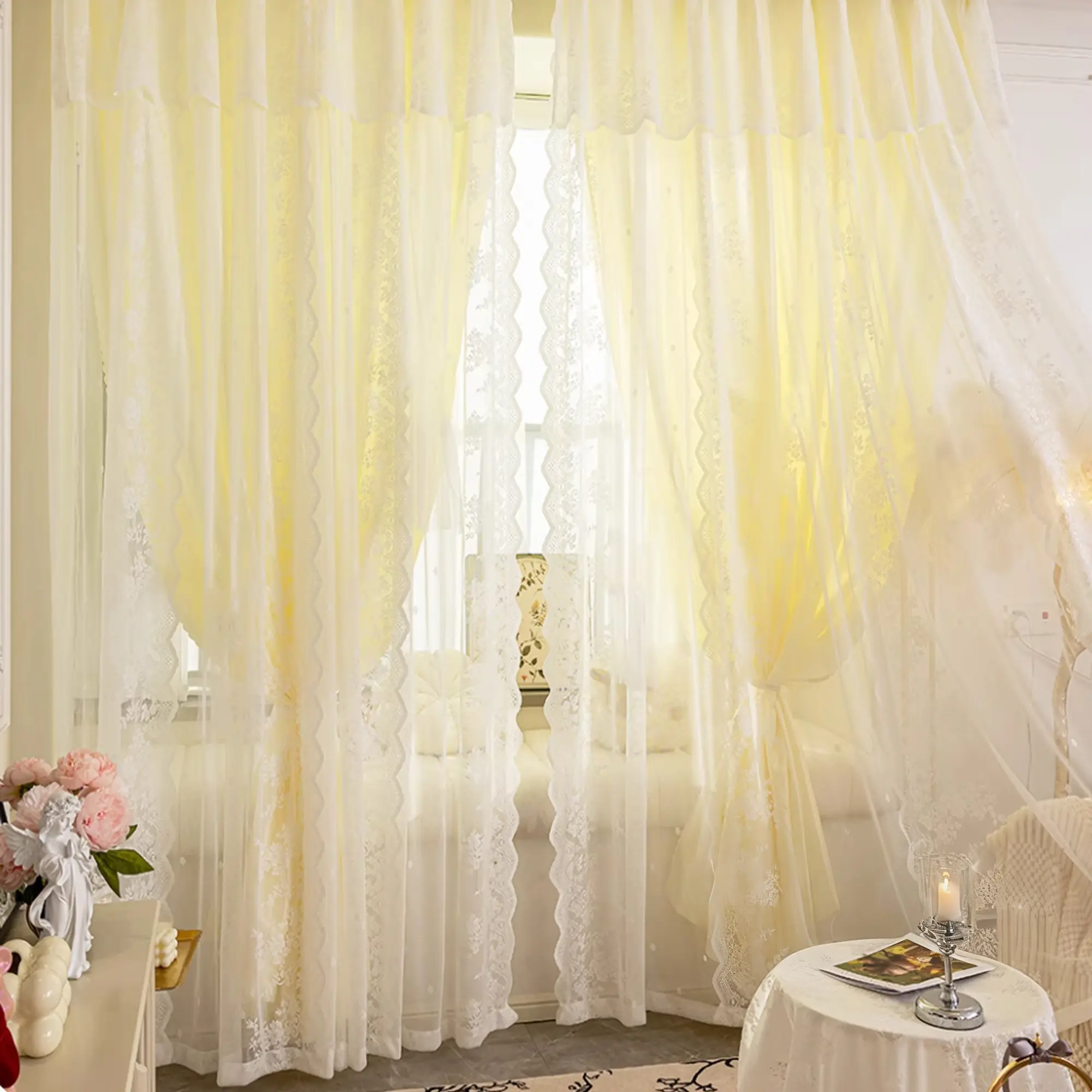 1PC European-style, Room decor, Home decorative curtain, Window curtain with blackout and lace yarn, embroidered yarn, for living room, double-layered top sewn together with perforated lace desig