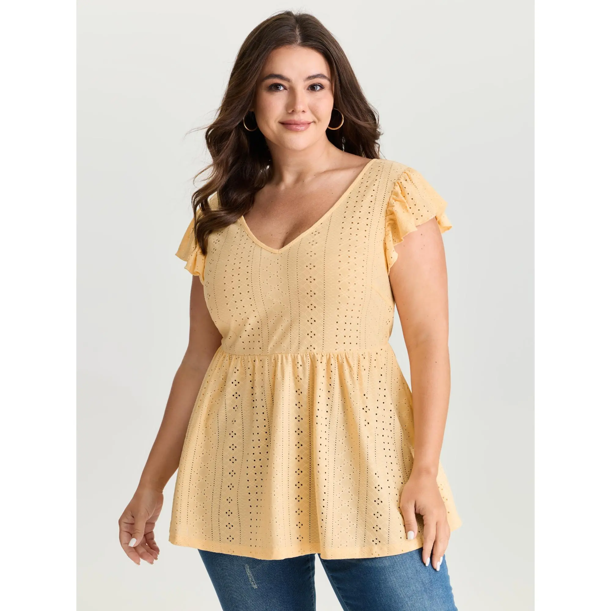 BloomChic Women's Plus Size Textured Knit Babydoll Blouse, V-Neck Ruffle Sleeve Leisure Top with Stretch Fit, Shirts, Spandex, Fabric