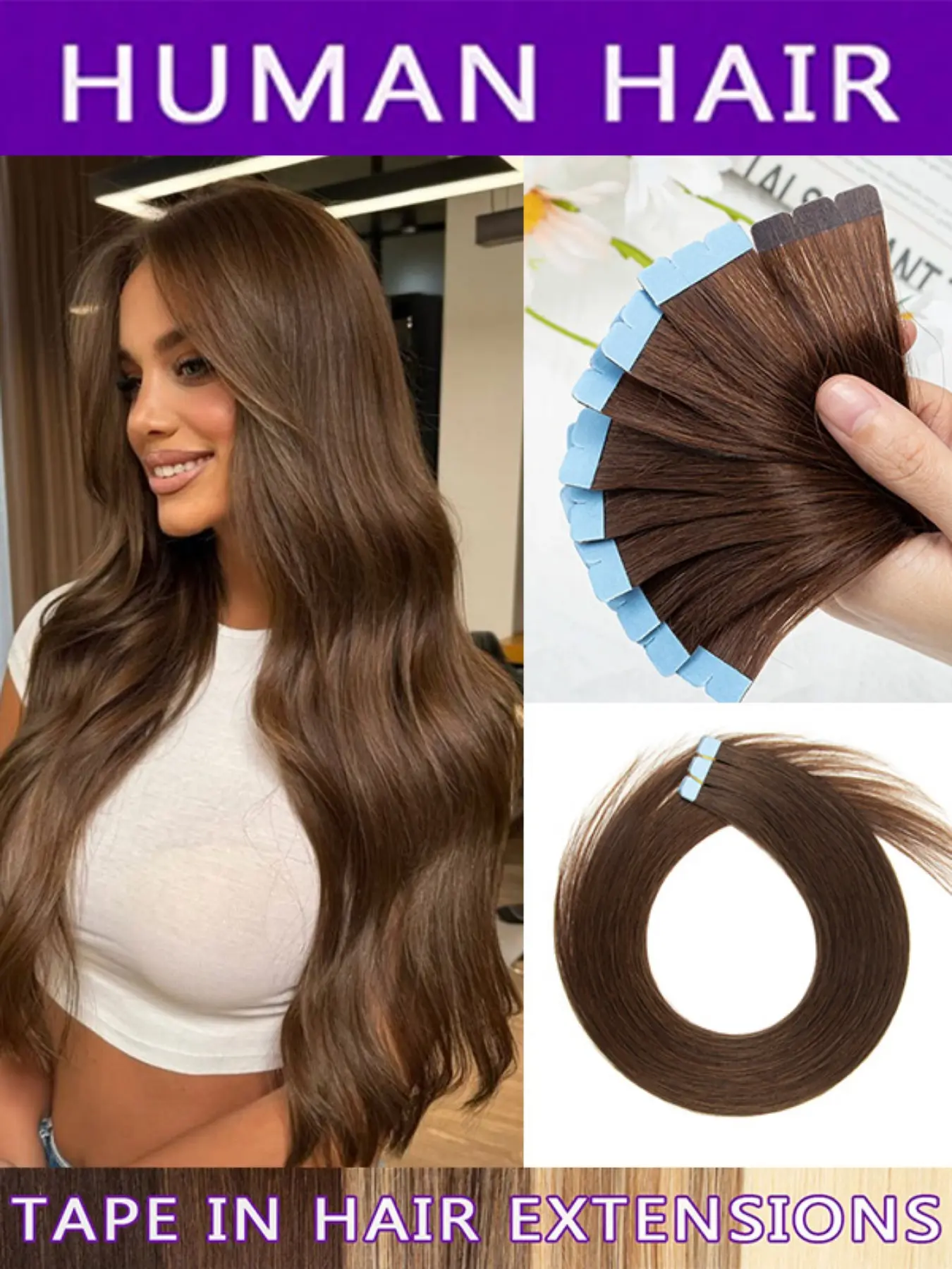 10 Piece Mini Tape-In Human Hair Extensions, Brazilian Virgin Hair, Micro Adhesive Tape, Invisible Hair Pieces for Women, Easy Wear