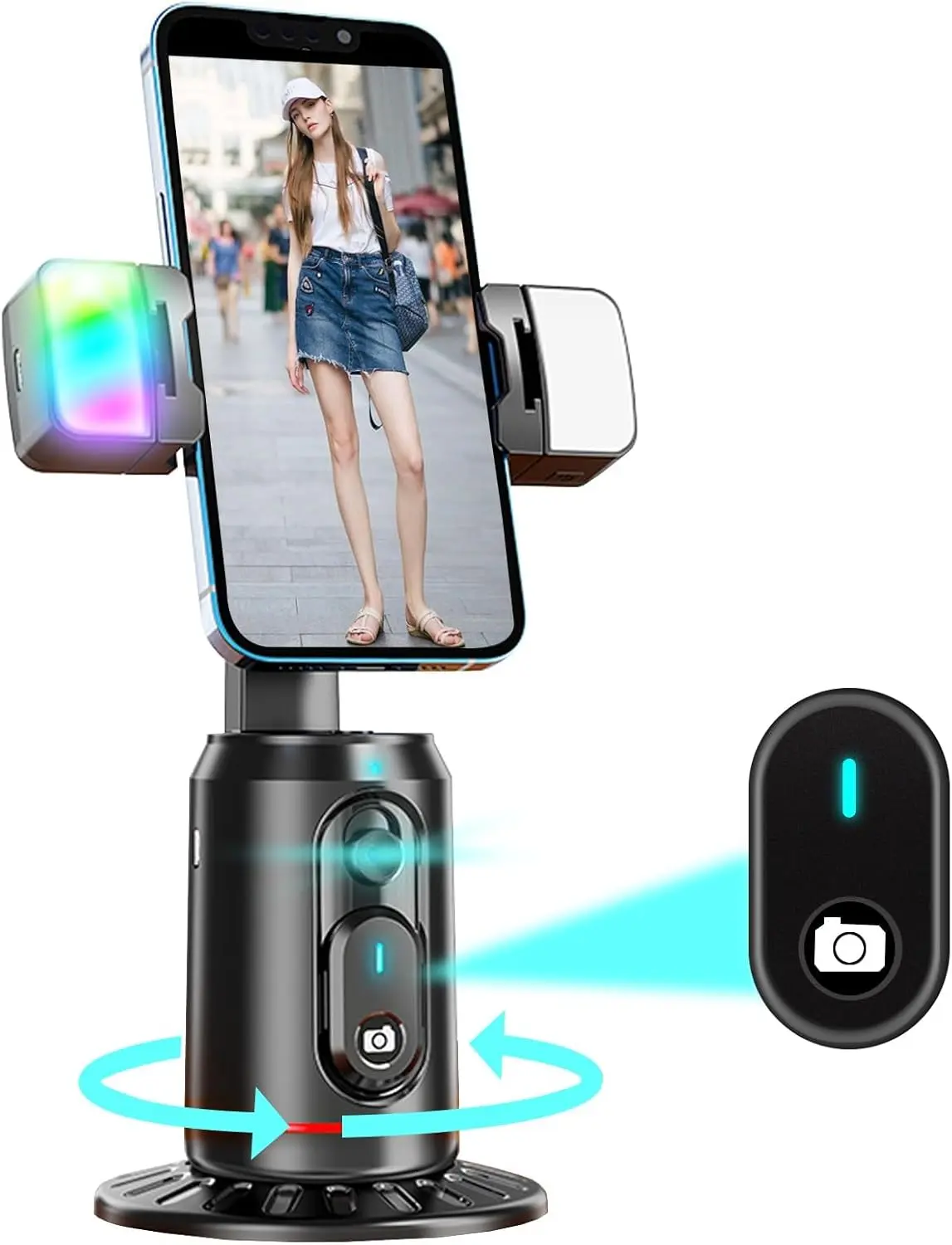 Auto   Tripod 360 Rotating Auto  Phone Stand, No App Required,Phone Camera Stand with RemoteRechargeable   Stand for Live Video Recording  - Black