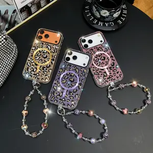 Leopard Rhinestone Smartphone Cover, Crystal-Embellished Protective Case with Beaded Handheld Strap, Glitter Accessory for iPhone 15-16 Pro Max Mobile Phone Accessories