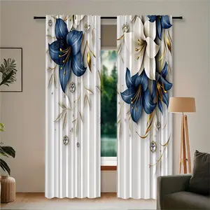 2pc blue and white lily flower curtains, door curtains, Window curtain, rod design, home decoration curtain, perfect gift for friends, suitable for dormitories, bedrooms, living rooms, and home décor