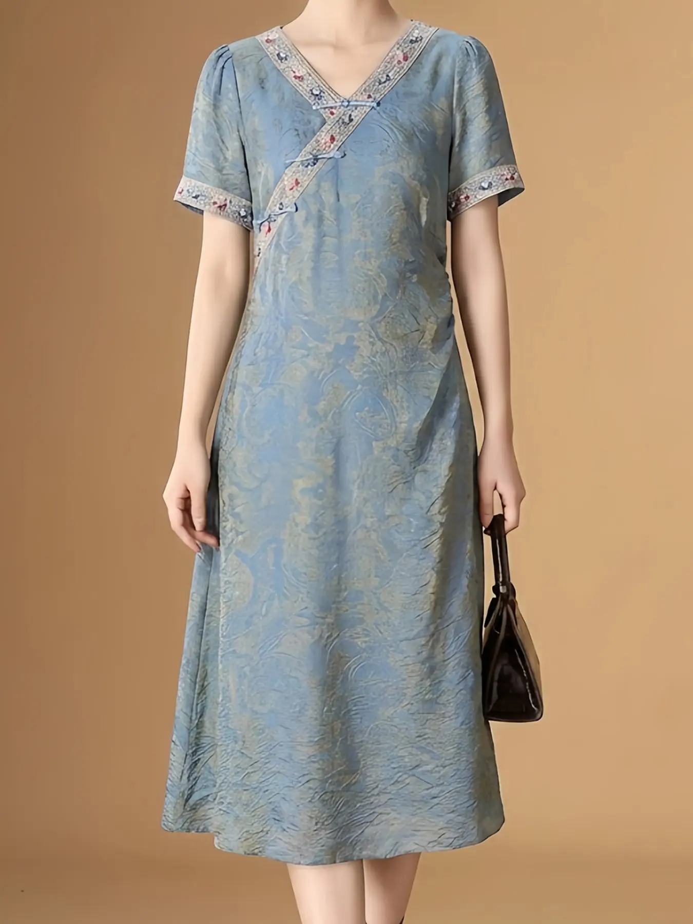 New Chinese Embroidered Brocade Qipao Dress, V Neck Detailed Embroidery, Waist Cinching Design, Pockets, Elegant Blue Fabric