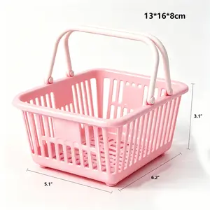 Pink Square Storage Basket with Handle, Cute Bear Print Plastic Organizer Container, Portable Basket for Stationery, Cosmetics & Small Items