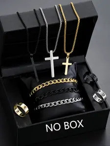 Men's Punk Style Jewelry Set, Stainless Steel Cross Design Necklace Bracelet Ring, Casual All-Season Accessories Gift for Boyfriend Son