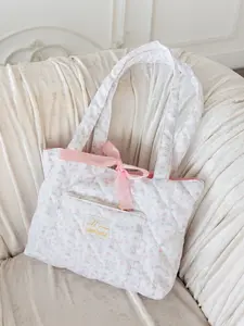Fantasy Tote Bag | white pink quilted shoulder tote bag roses castle design pink bow heart gold zipper pockets