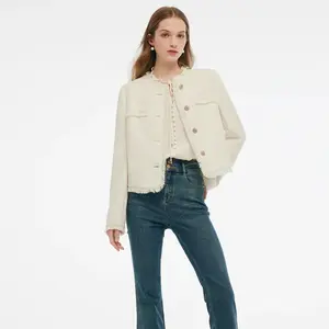 Tweed Collarless Women Crop Jacket