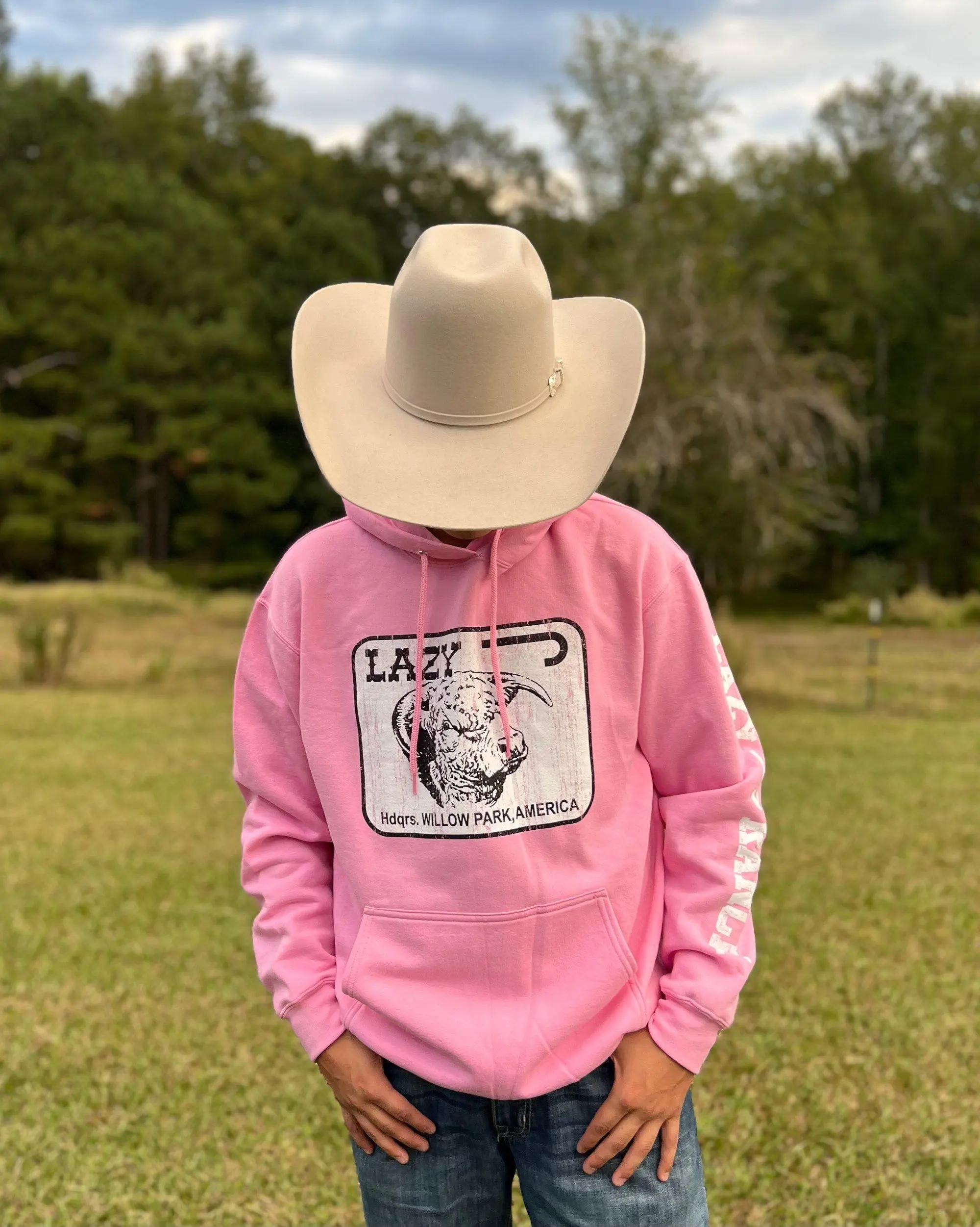 Lazy J Ranch Pink Hoodie – Willow Cattle Headquarters Western Pullover Sweatshirt for Cowgirls & Ranch Lovers