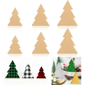 6Pcs Large Size Christmas Tree Wooden Cutouts Unfinished Xmas Tree Wood Table Sign Farmhouse DIY Tiered Tray Decor for Winter Home Office Table Shelf Party Supplies