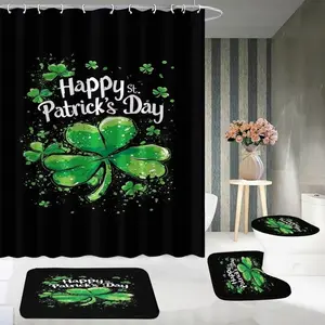 1/4pcs Saint Patrick's Day Theme 4 Leaf Clover Shower Curtain Set, Includes Non-Slip Mat, U-Shaped Rug, Toilet Lid Cover, Perfect Bath Decor with 12 Hooks